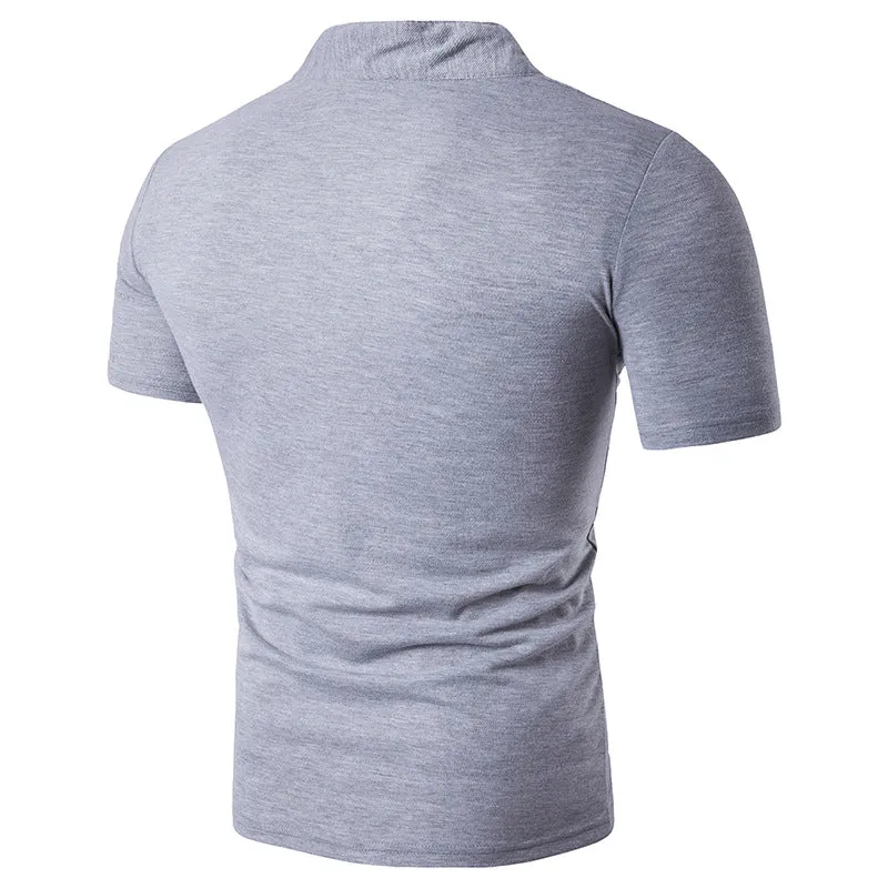 Men's Hollow Out Printing Henry Stand-Up Collar Short Sleeves Plus Size T-shirt