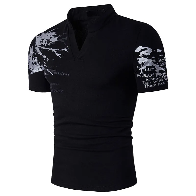 Men's Hollow Out Printing Henry Stand-Up Collar Short Sleeves Plus Size T-shirt