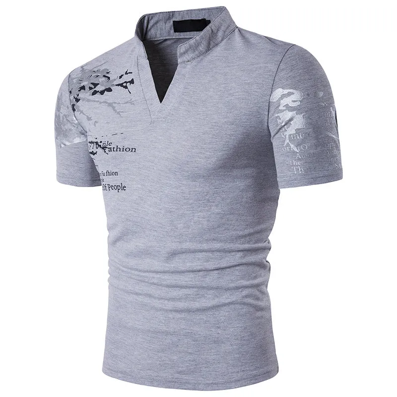 Men's Hollow Out Printing Henry Stand-Up Collar Short Sleeves Plus Size T-shirt