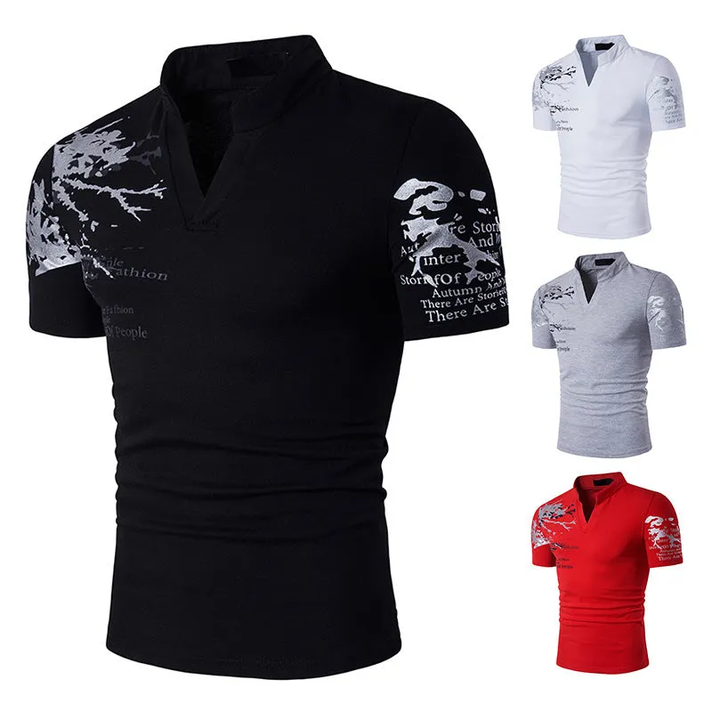 Men's Hollow Out Printing Henry Stand-Up Collar Short Sleeves Plus Size T-shirt