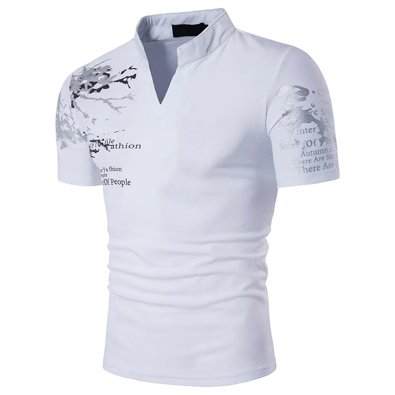 Men's Hollow Out Printing Henry Stand-Up Collar Short Sleeves Plus Size T-shirt