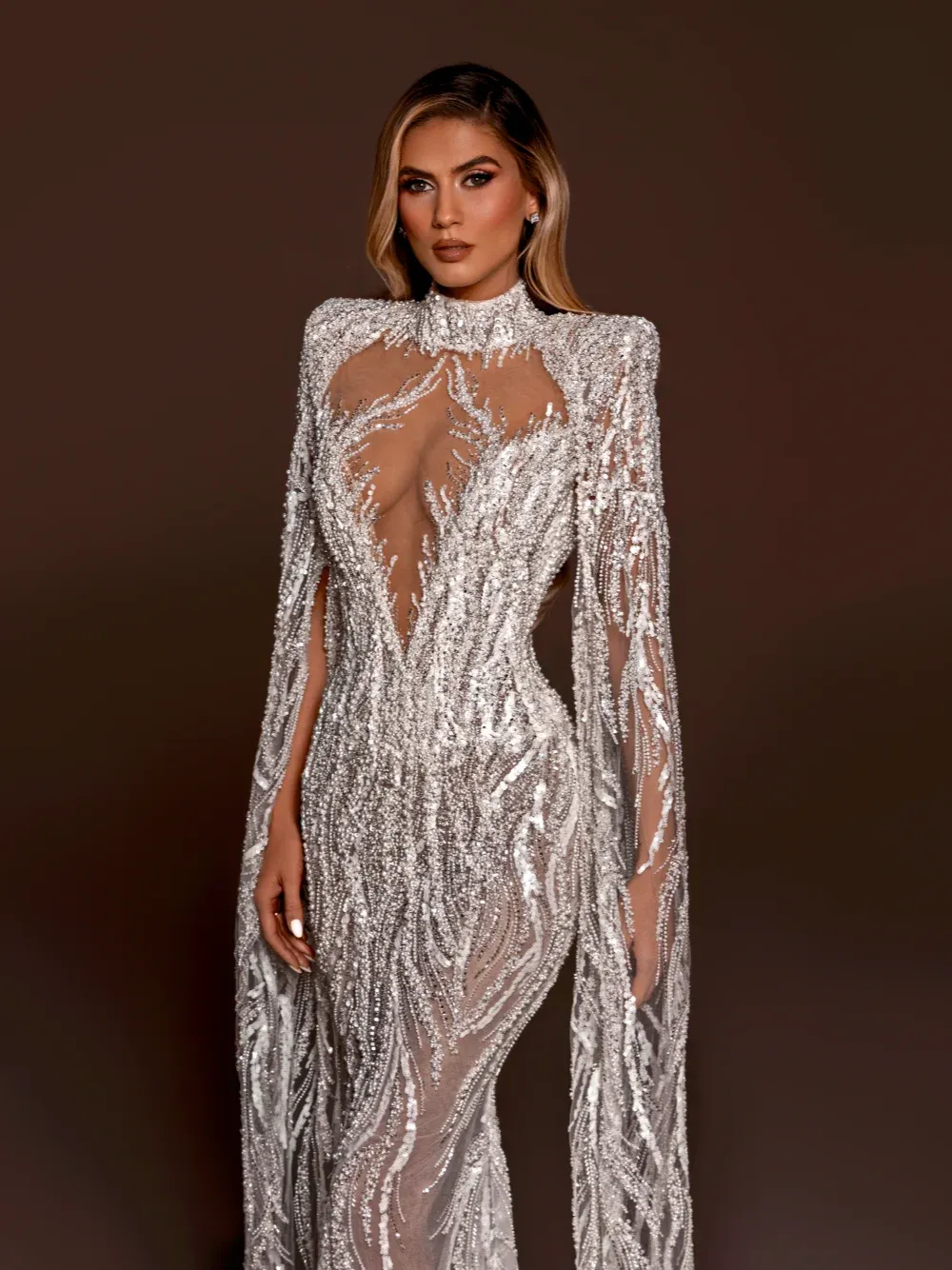 Mermaid Backless Long Sleeve Wedding Dress For Women Beading Gown