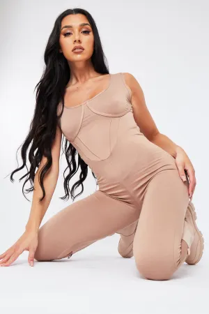 Mocha Corset Detail Jersey Jumpsuit - Vienna