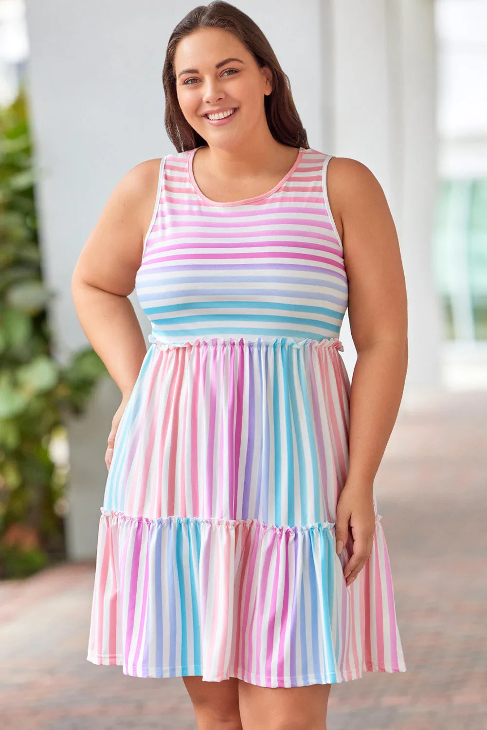 Multicolor Ombre Striped Sleeveless Tiered Plus Size Dress