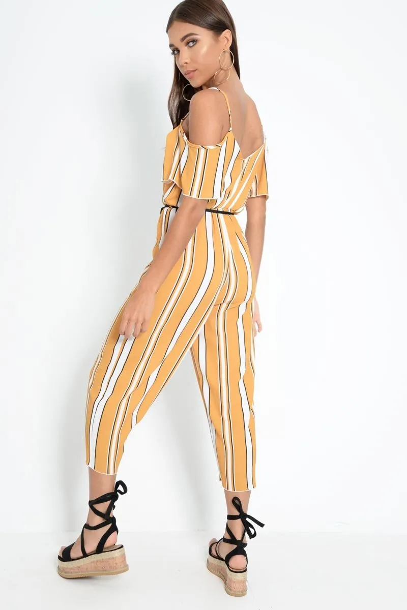 Mustard White and Black Stripe Bardot Jumpsuit - Bonita