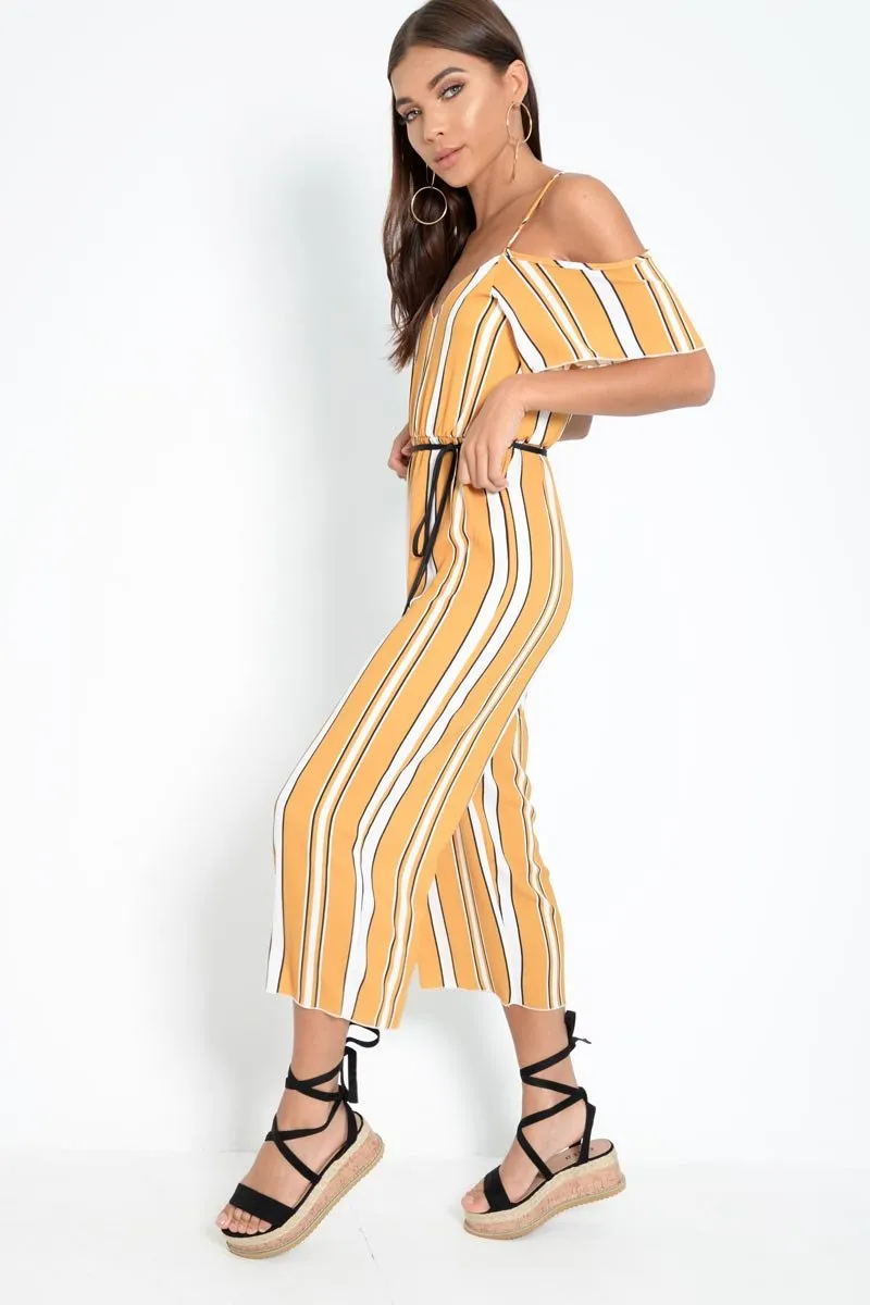 Mustard White and Black Stripe Bardot Jumpsuit - Bonita