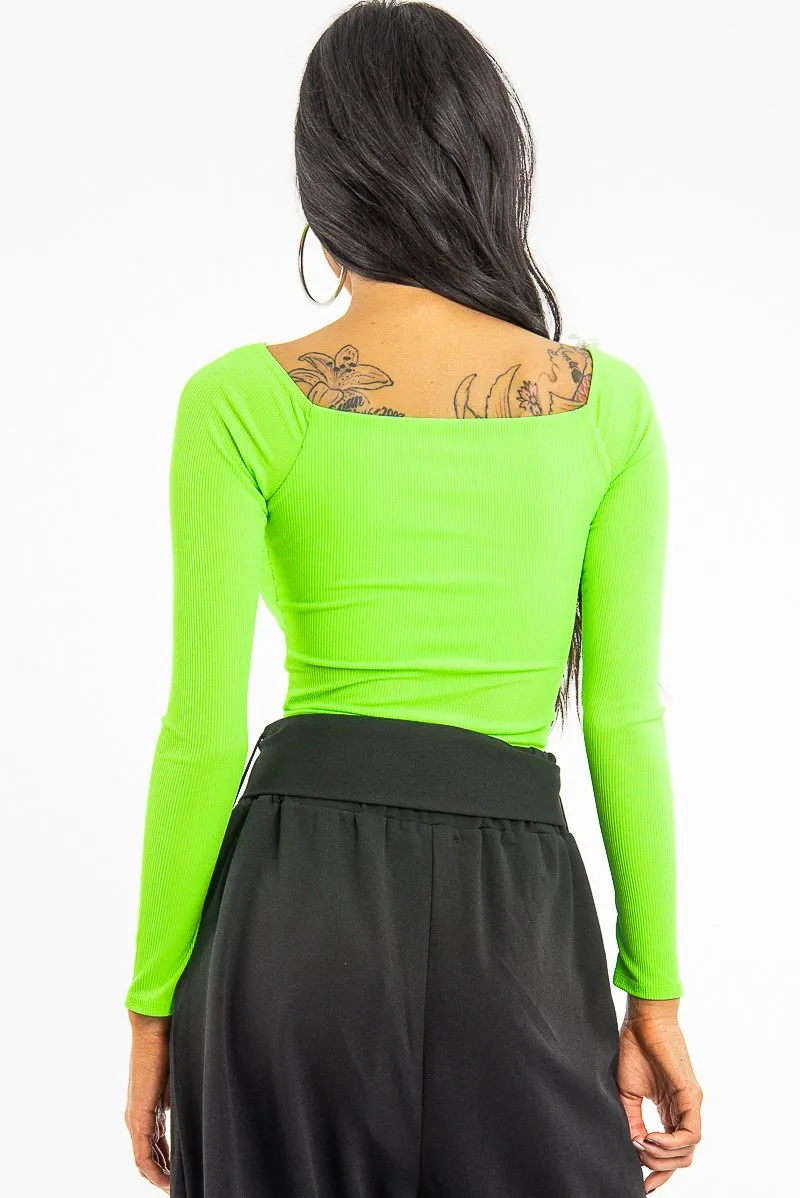Neon Green Ribbed Square Neck Bodysuit - Alysha