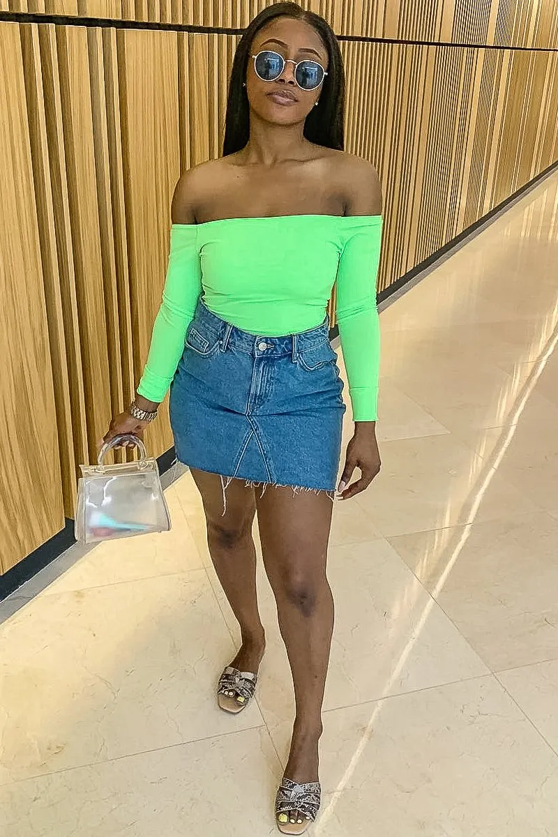 Neon Green Ribbed Square Neck Bodysuit - Alysha