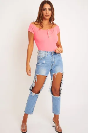 Neon Pink Bardot Button Down Bodysuit - Loda