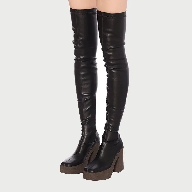 new 2020 autumn winter brand elastic leather shoes for women ankle boots sexy high heelsbalck brown gray platform long boots