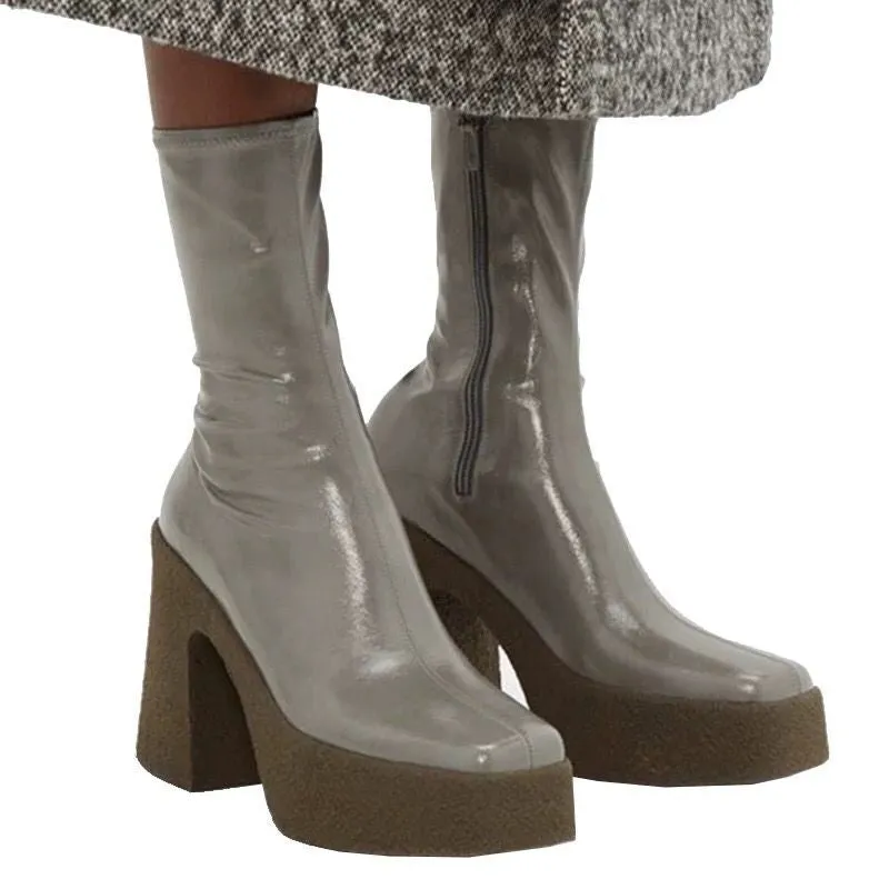 new 2020 autumn winter brand elastic leather shoes for women ankle boots sexy high heelsbalck brown gray platform long boots