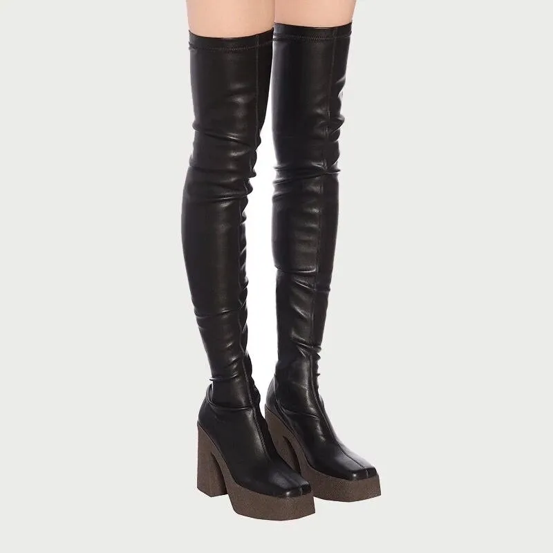 new 2020 autumn winter brand elastic leather shoes for women ankle boots sexy high heelsbalck brown gray platform long boots