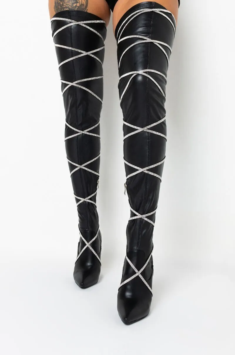 New Diamond Cross-Tied Pointed Toe Over knee Boots
