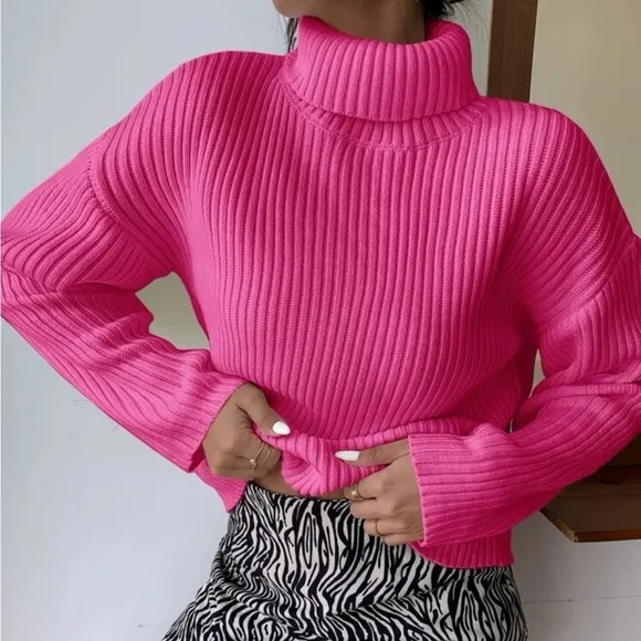 New pink Rib knit turtleneck sweater