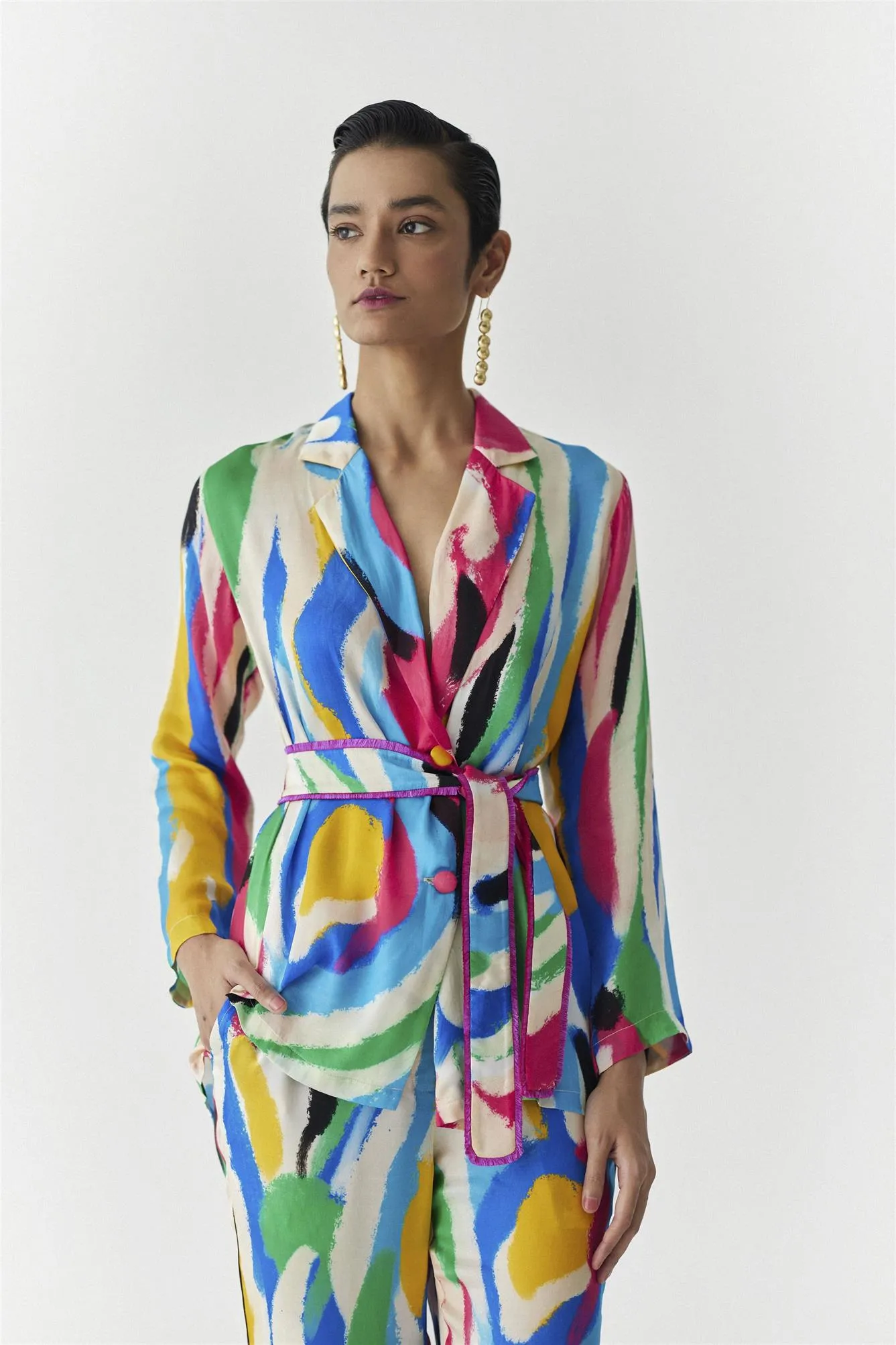New Season Summer to Fall 2024-Co-ord Brush Stroke Blazer Shirt Trousers Vegan Silk Multi Color Abstract Print-Studio Rigu-Fashion Edit Amazonico