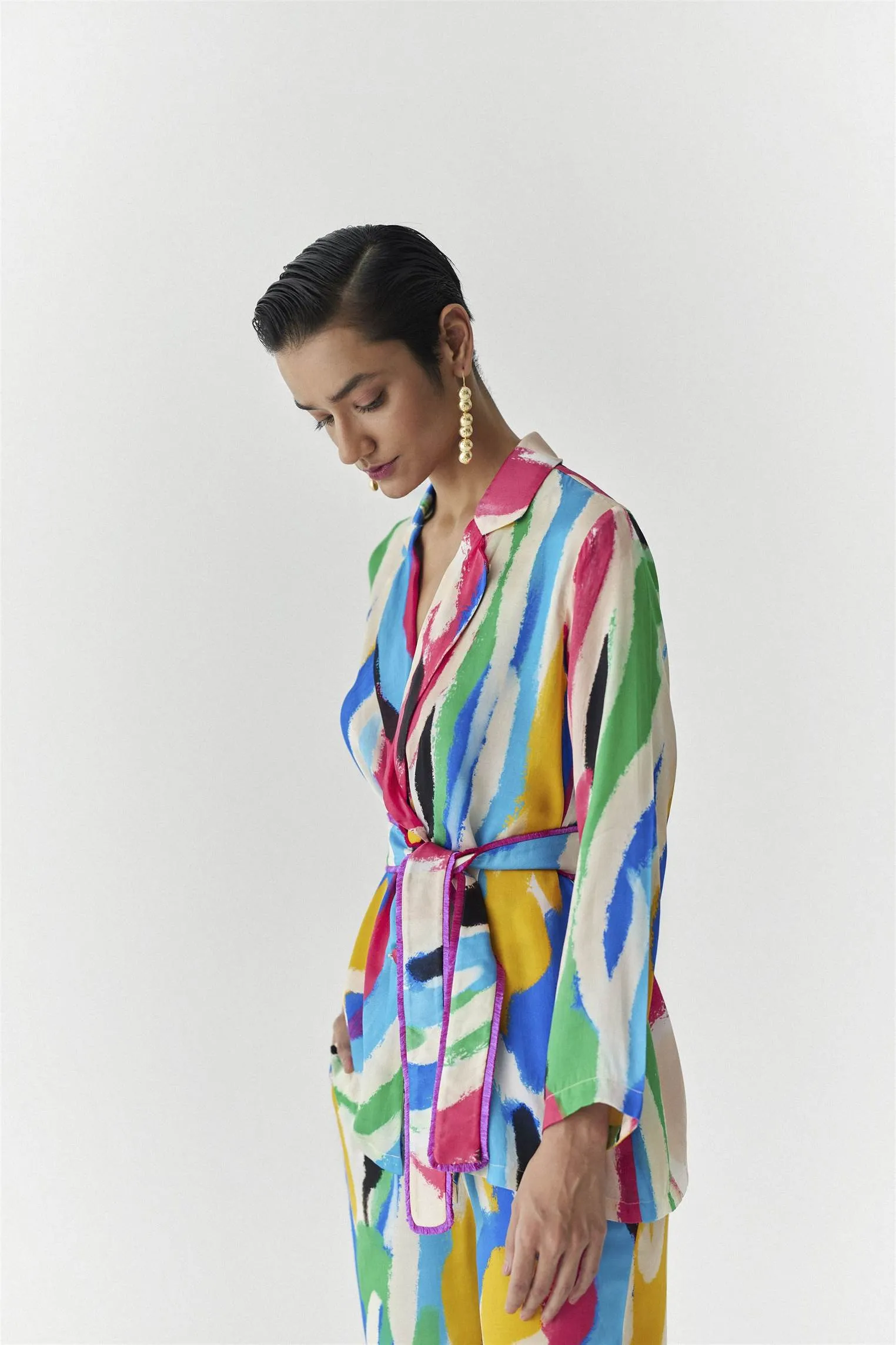 New Season Summer to Fall 2024-Co-ord Brush Stroke Blazer Shirt Trousers Vegan Silk Multi Color Abstract Print-Studio Rigu-Fashion Edit Amazonico