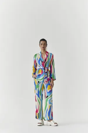 New Season Summer to Fall 2024-Co-ord Brush Stroke Blazer Shirt Trousers Vegan Silk Multi Color Abstract Print-Studio Rigu-Fashion Edit Amazonico