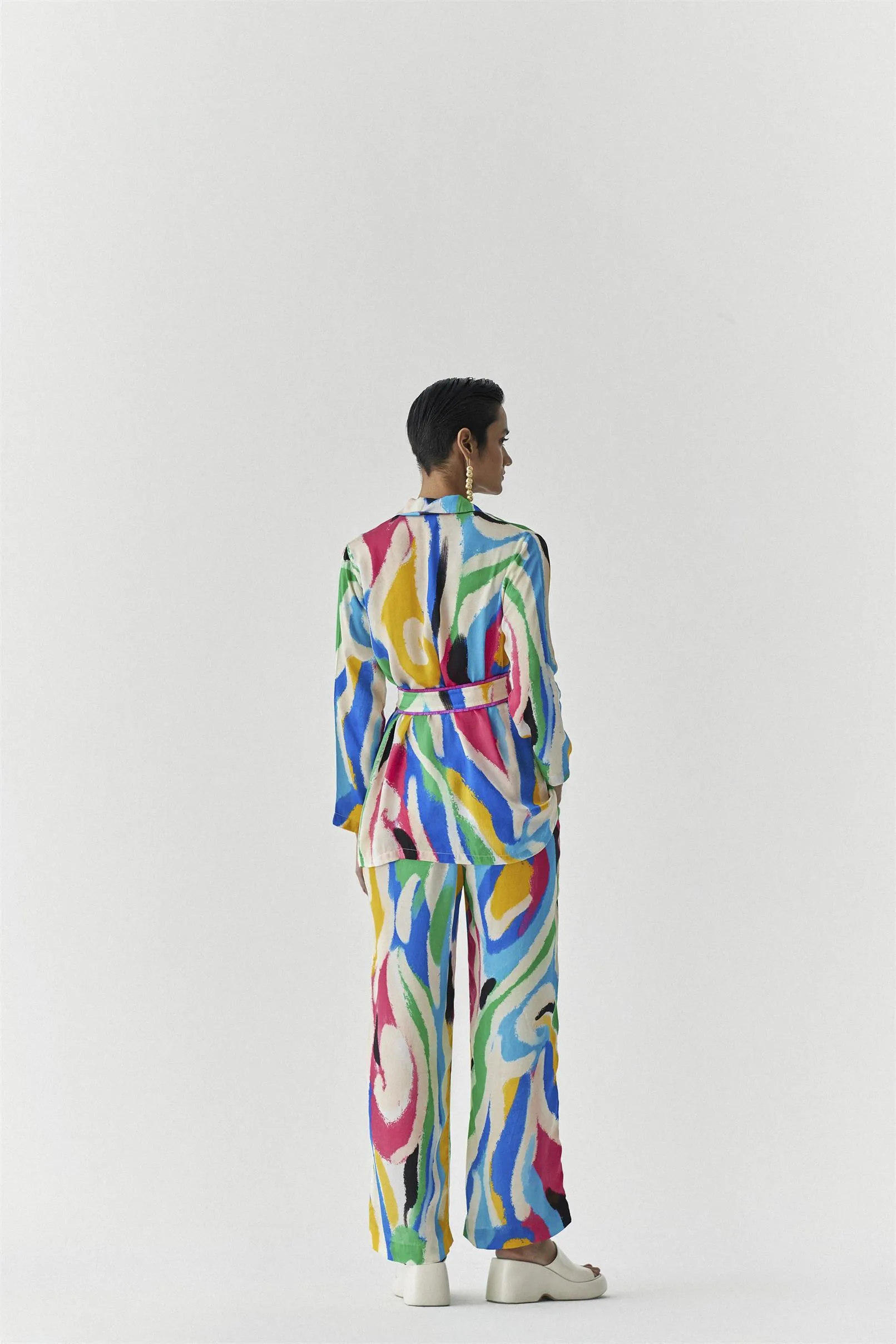 New Season Summer to Fall 2024-Co-ord Brush Stroke Blazer Shirt Trousers Vegan Silk Multi Color Abstract Print-Studio Rigu-Fashion Edit Amazonico