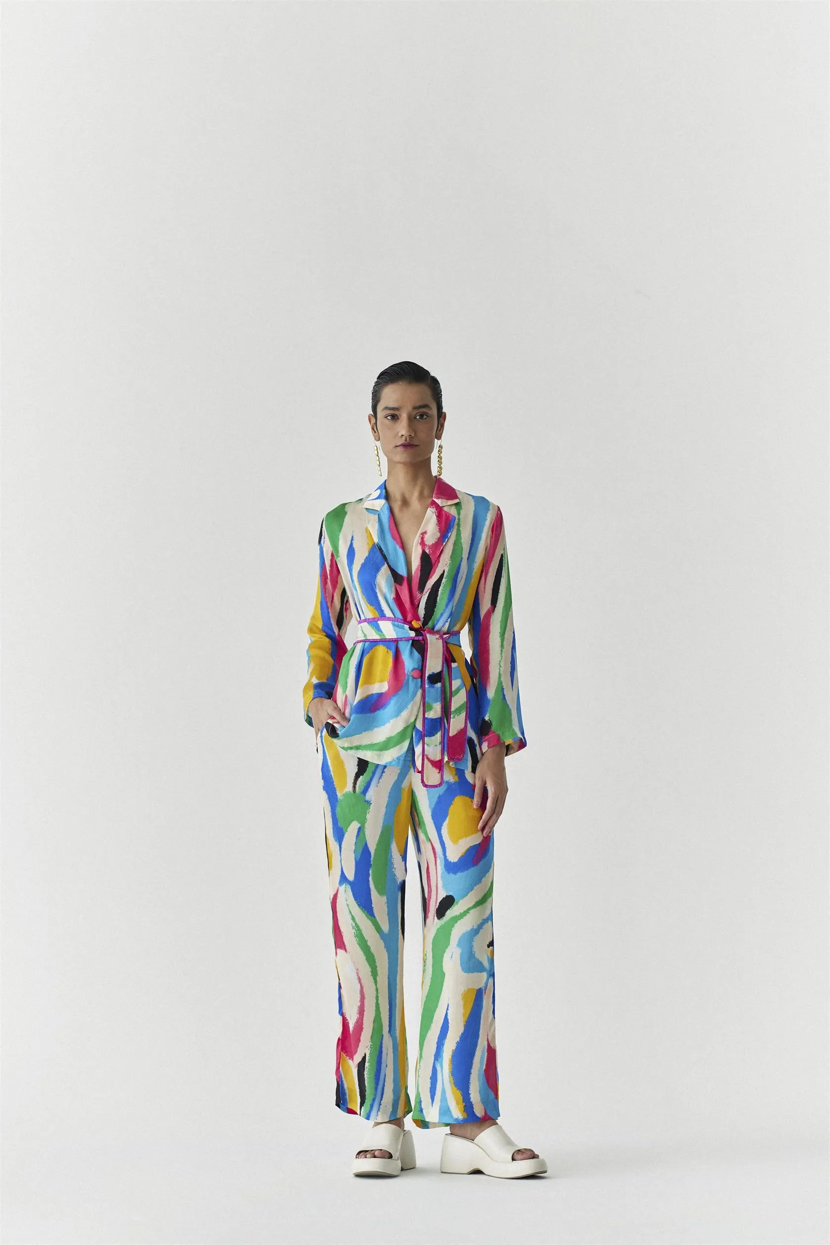New Season Summer to Fall 2024-Co-ord Brush Stroke Blazer Shirt Trousers Vegan Silk Multi Color Abstract Print-Studio Rigu-Fashion Edit Amazonico