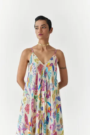 New Season Summer to Fall 2024-Dress Amazon Strappy Vegan Silk Beige Multi Color Bird Print-Studio Rigu-Fashion Edit Amazonico