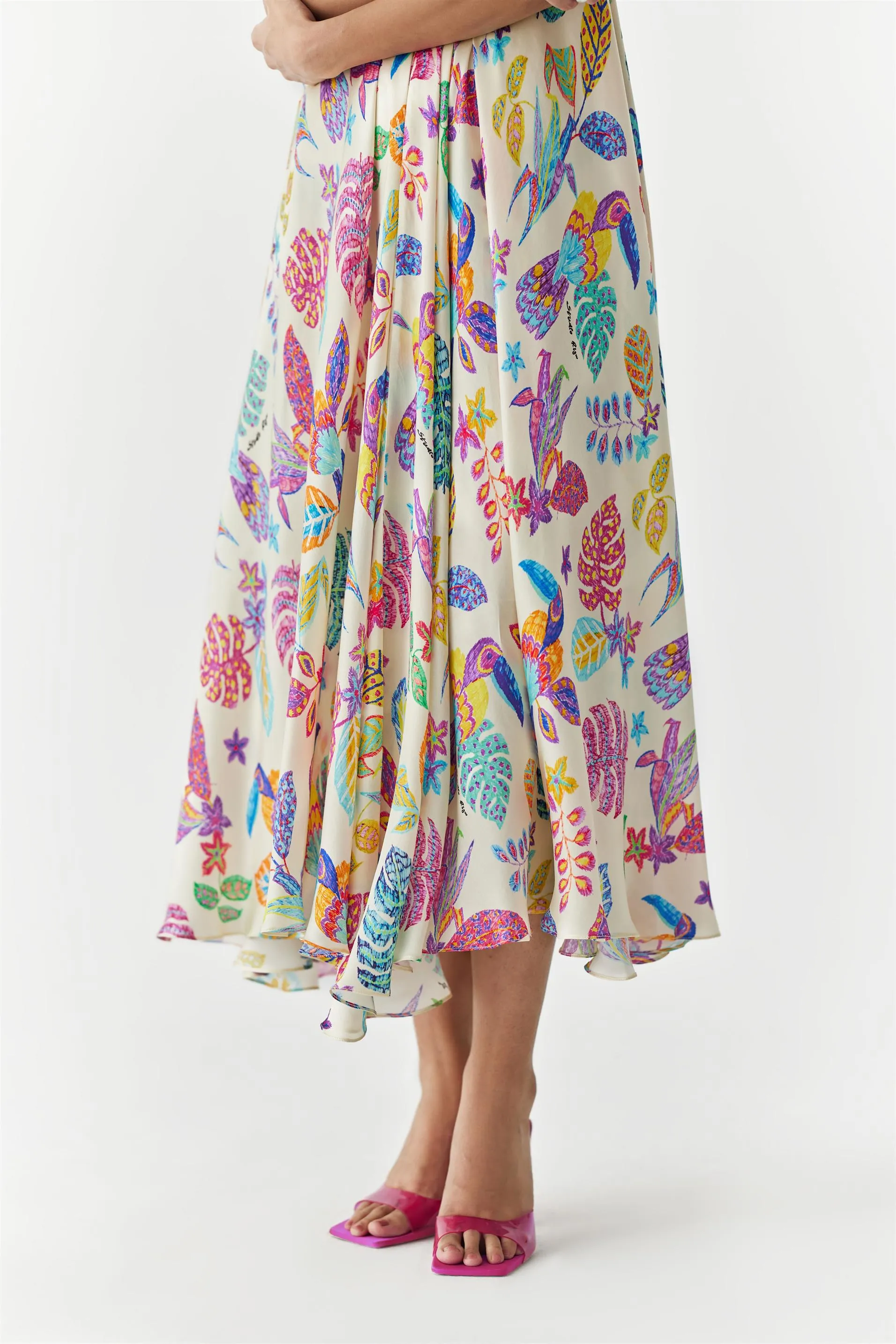 New Season Summer to Fall 2024-Dress Amazon Strappy Vegan Silk Beige Multi Color Bird Print-Studio Rigu-Fashion Edit Amazonico