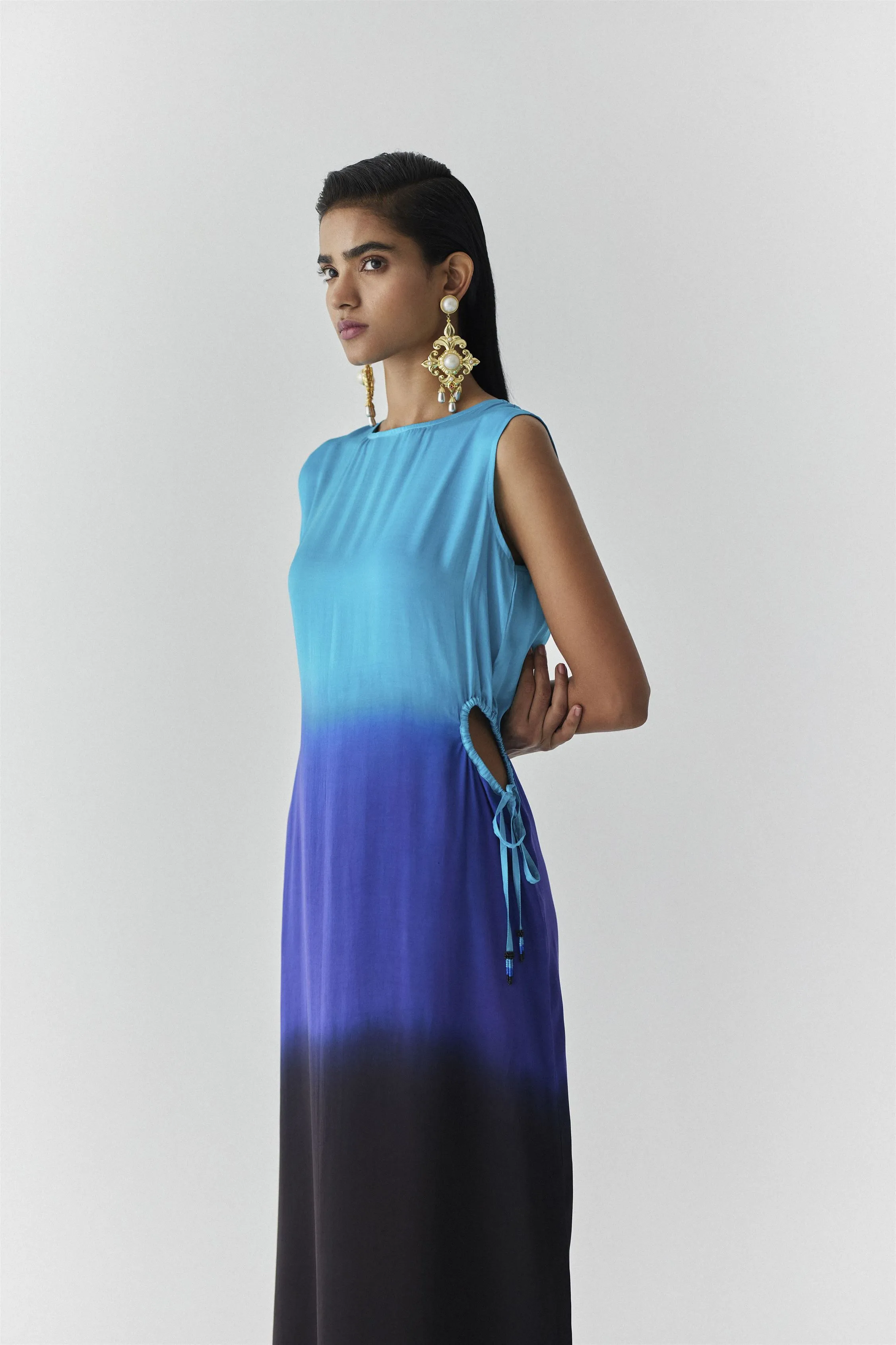 New Season Summer to Fall 2024-Dress Oceana Vegan Silk Turquoise Blue to Royal Blue to Black-Studio Rigu-Fashion Edit Amazonico