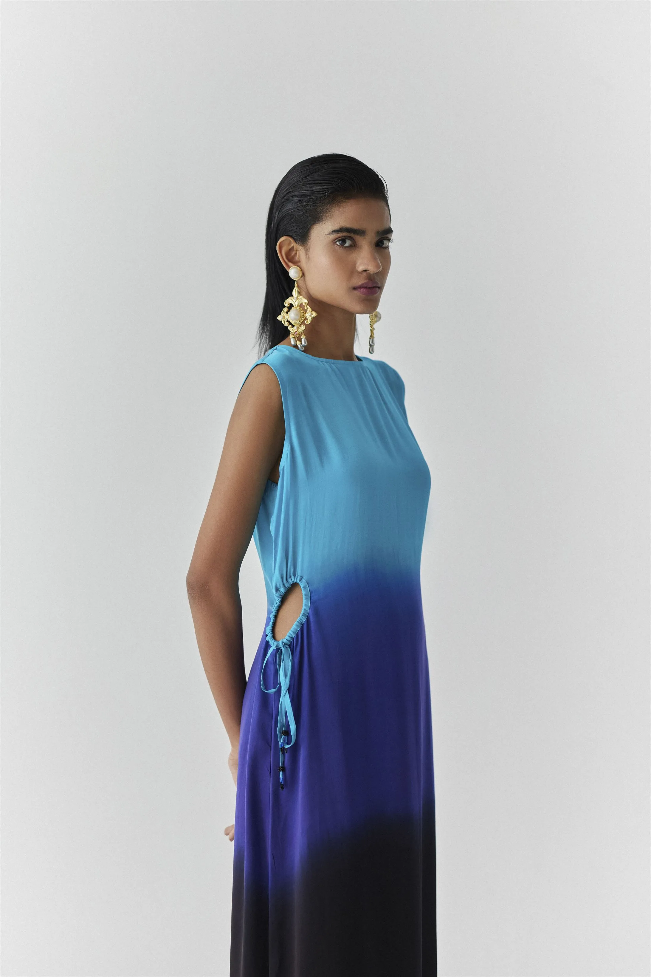 New Season Summer to Fall 2024-Dress Oceana Vegan Silk Turquoise Blue to Royal Blue to Black-Studio Rigu-Fashion Edit Amazonico