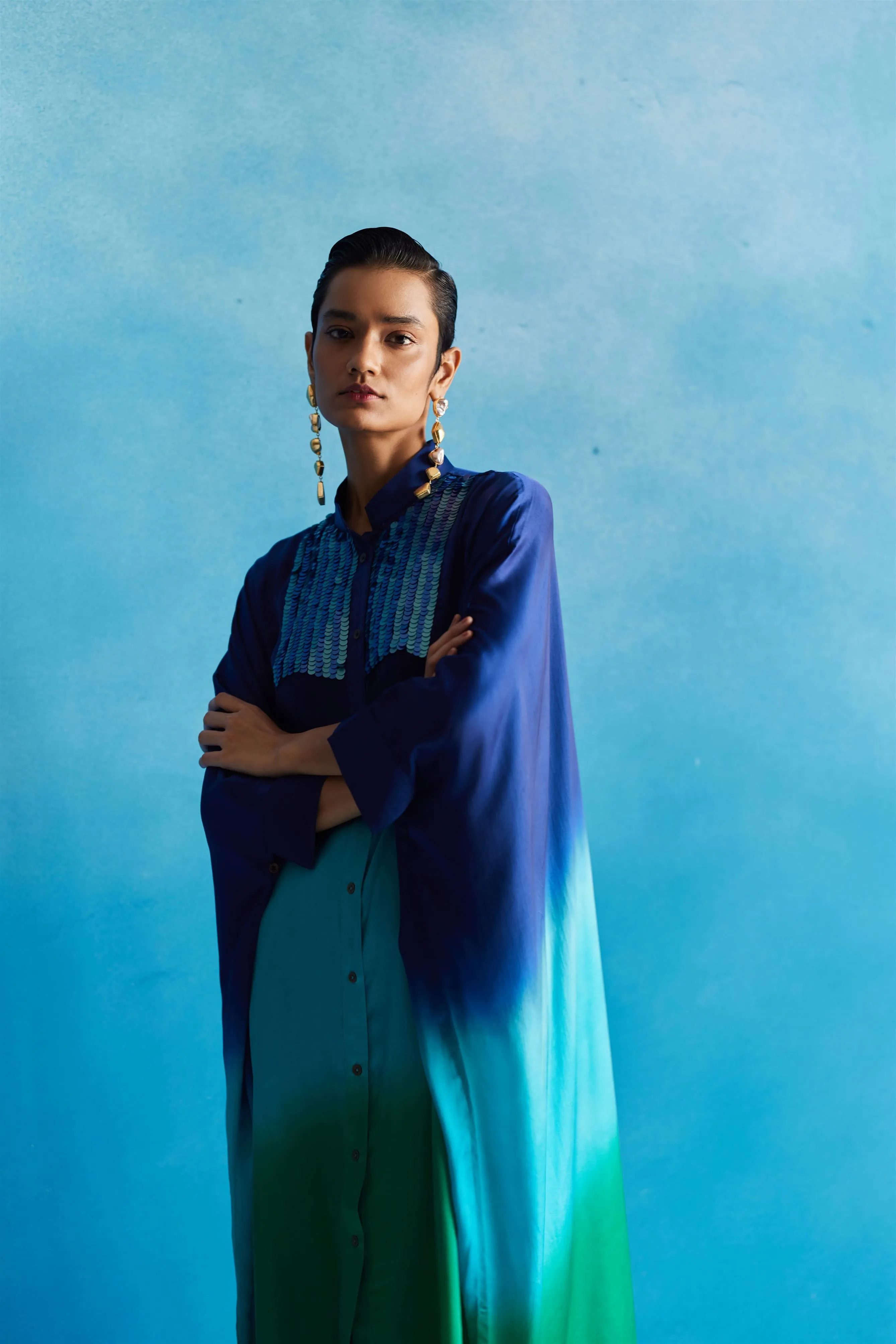New Season Summer to Fall 2024-Kimono Dead Sea Vegan Silk Blue to Turquoise Blue to Green-Studio Rigu-Fashion Edit Amazonico