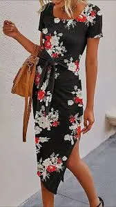 New YACUN Women Short Sleeve Midi Dress Square Neck Tie Waist Slit Basic Summer Dress! Sz L, fits like a Medium!  Note: Pic of actual print is shown in other pics