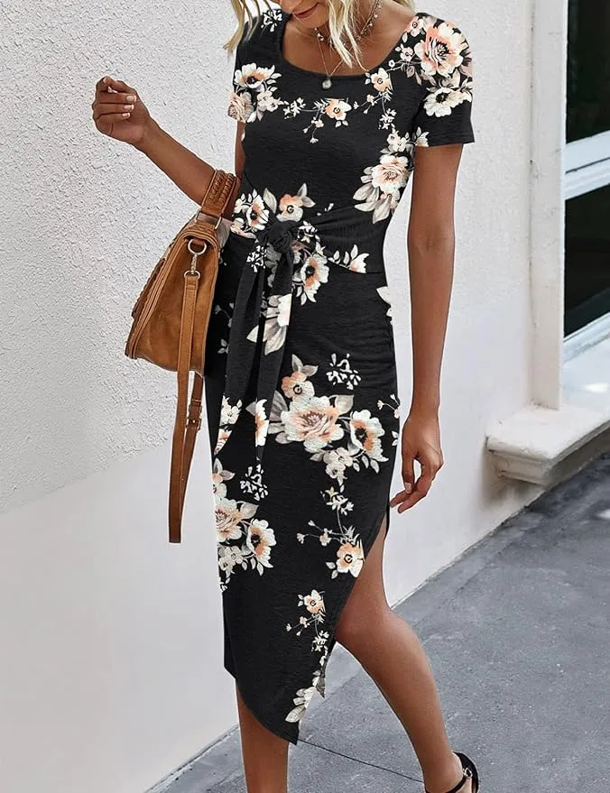 New YACUN Women Short Sleeve Midi Dress Square Neck Tie Waist Slit Basic Summer Dress! Sz L, fits like a Medium!  Note: Pic of actual print is shown in other pics