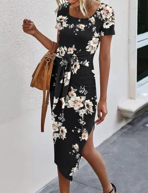 New YACUN Women Short Sleeve Midi Dress Square Neck Tie Waist Slit Basic Summer Dress! Sz L, fits like a Medium!  Note: Pic of actual print is shown in other pics