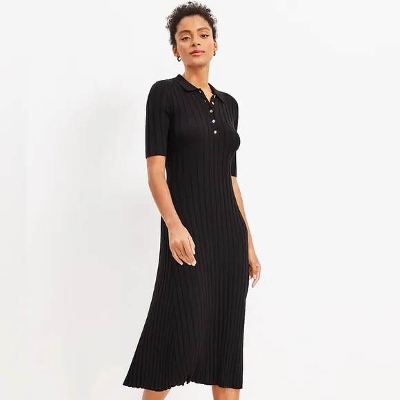 NWT LOFT Black Ribbed Midi Polo Cotton Blend Dress