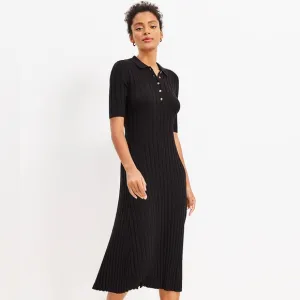 NWT LOFT Black Ribbed Midi Polo Cotton Blend Dress
