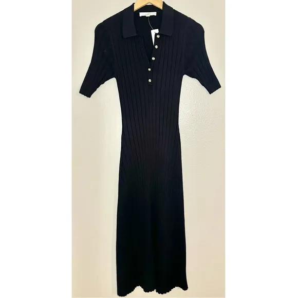 NWT LOFT Black Ribbed Midi Polo Cotton Blend Dress