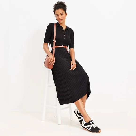 NWT LOFT Black Ribbed Midi Polo Cotton Blend Dress