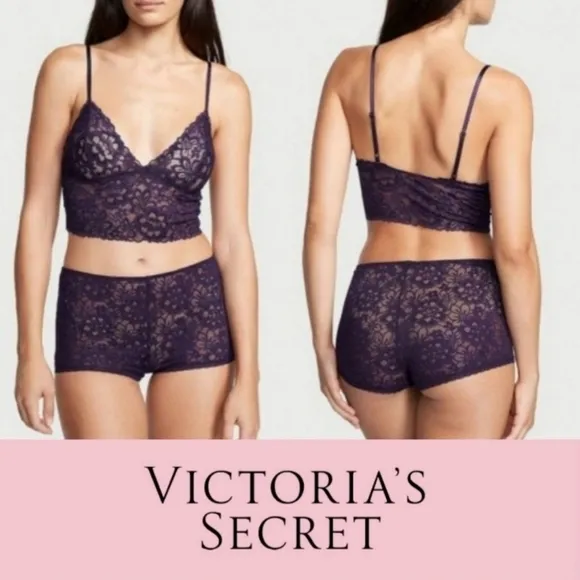 NWT Victoria's Secret dark purple sheer lace 2pc lingerie set Size Small
