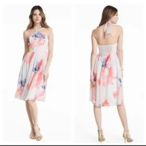 NWT White House Black Market Chiffon dress Halter knee Watercolors Sz 0 $160