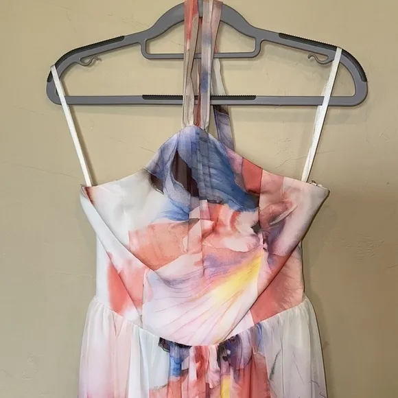 NWT White House Black Market Chiffon dress Halter knee Watercolors Sz 0 $160