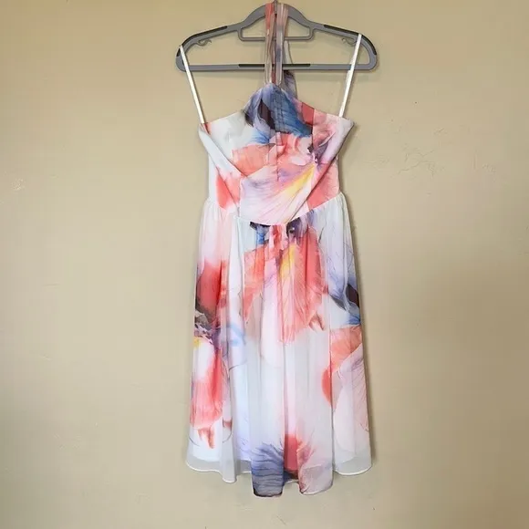NWT White House Black Market Chiffon dress Halter knee Watercolors Sz 0 $160