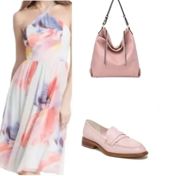 NWT White House Black Market Chiffon dress Halter knee Watercolors Sz 0 $160