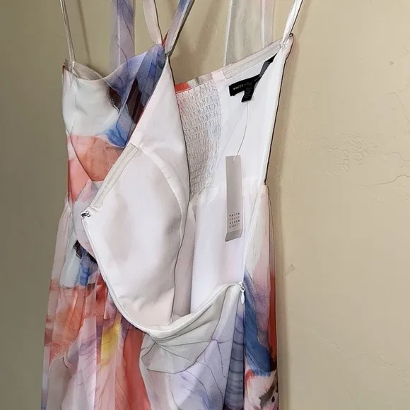 NWT White House Black Market Chiffon dress Halter knee Watercolors Sz 0 $160