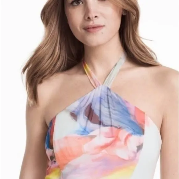 NWT White House Black Market Chiffon dress Halter knee Watercolors Sz 0 $160