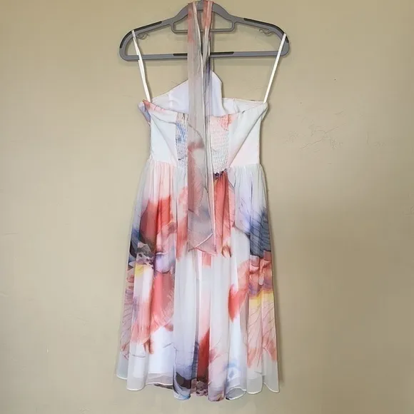 NWT White House Black Market Chiffon dress Halter knee Watercolors Sz 0 $160