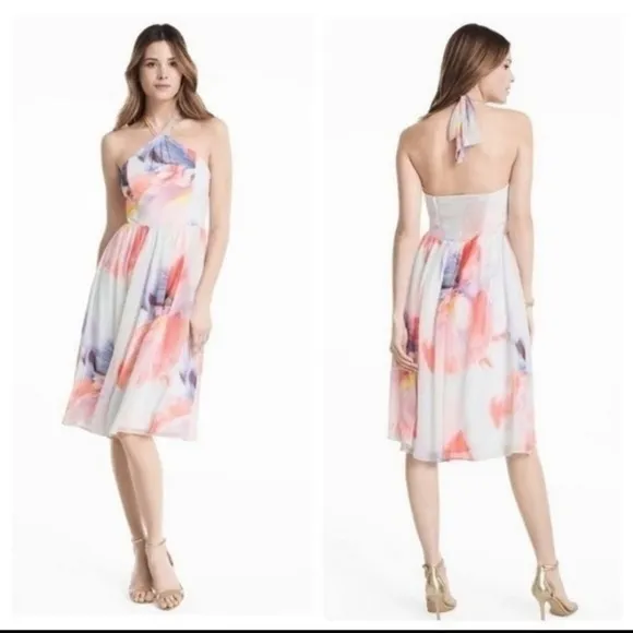 NWT White House Black Market Chiffon dress Halter knee Watercolors Sz 0 $160
