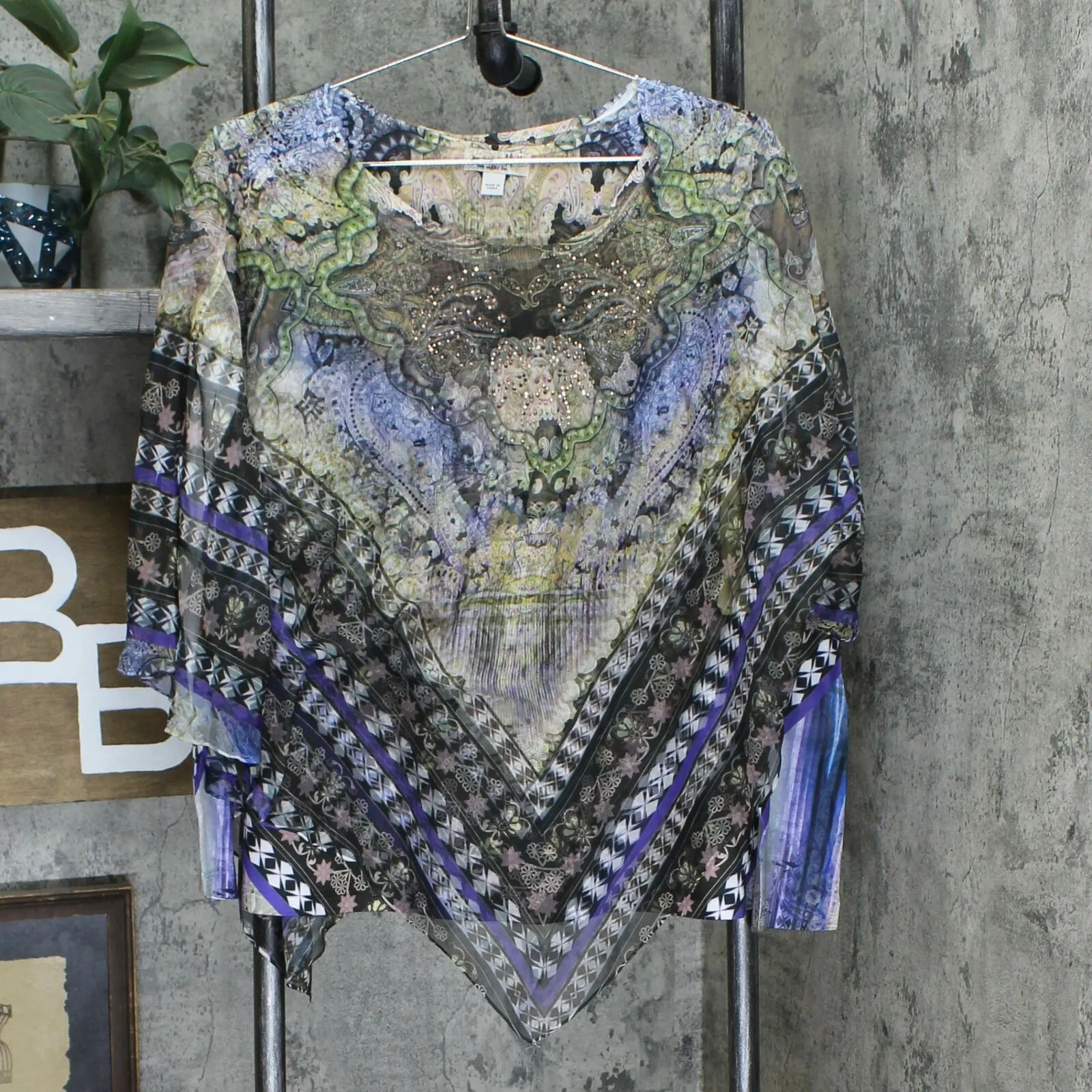 One World Women's Knit Top With Woven Embellished Overlay Charming Art Medium