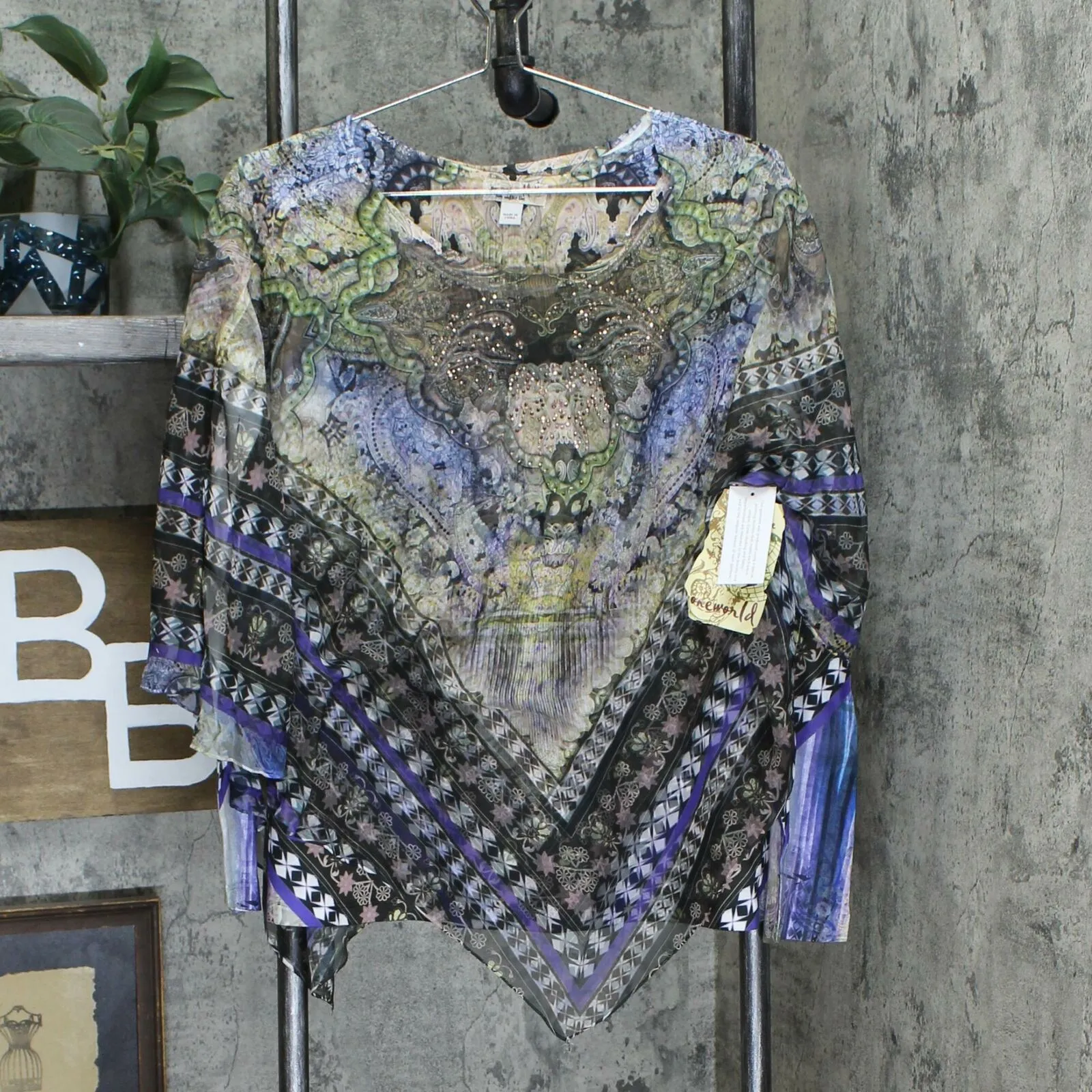 One World Women's Knit Top With Woven Embellished Overlay Charming Art Medium