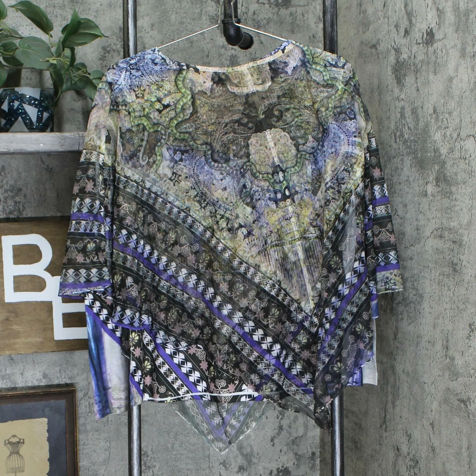 One World Women's Knit Top With Woven Embellished Overlay Charming Art Medium