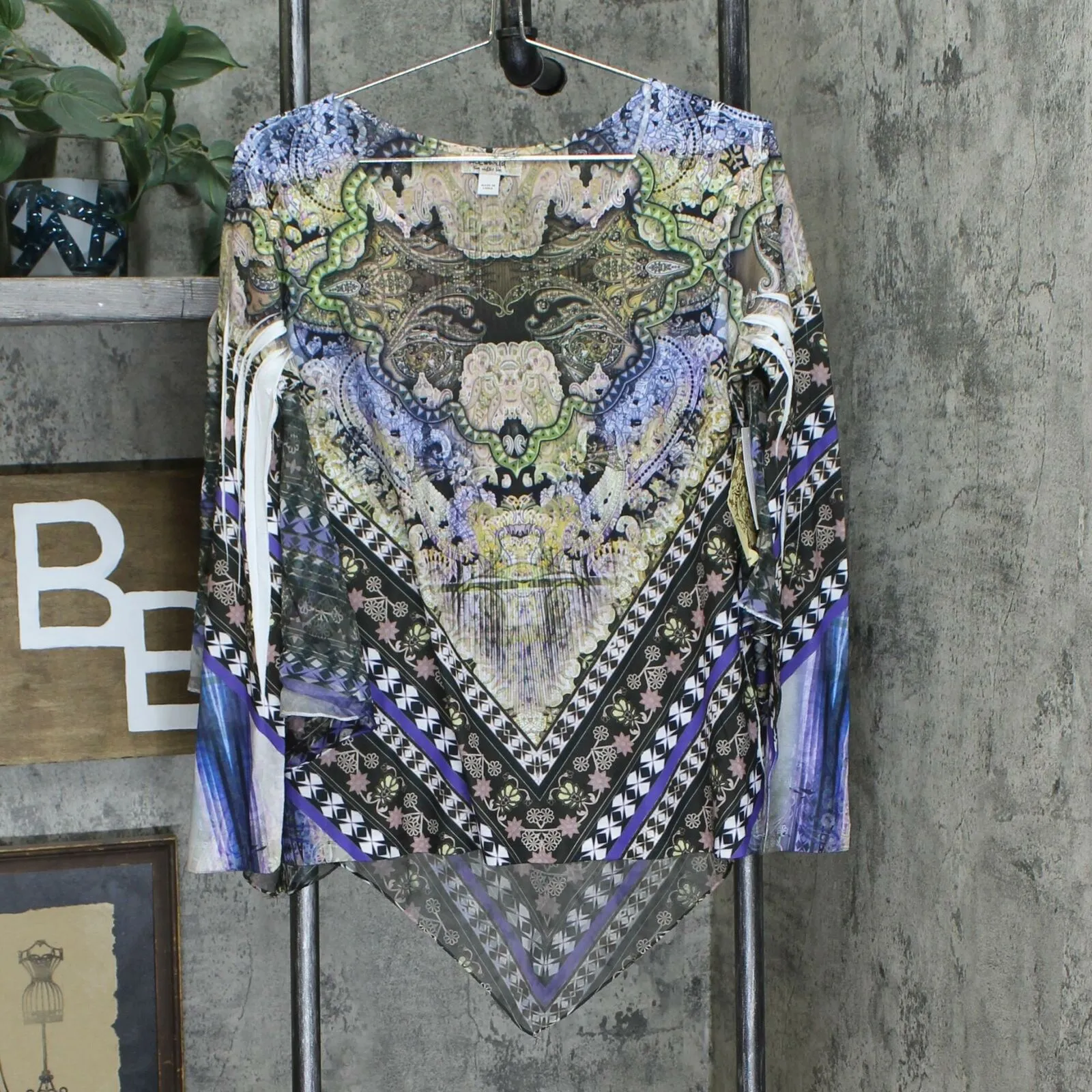One World Women's Knit Top With Woven Embellished Overlay Charming Art Medium