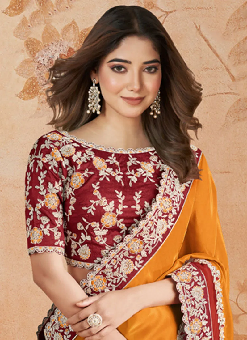 Orange And Red Embroidered Traditional Wedding Saree