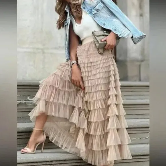 Paris boho layered mesh maxi skirt